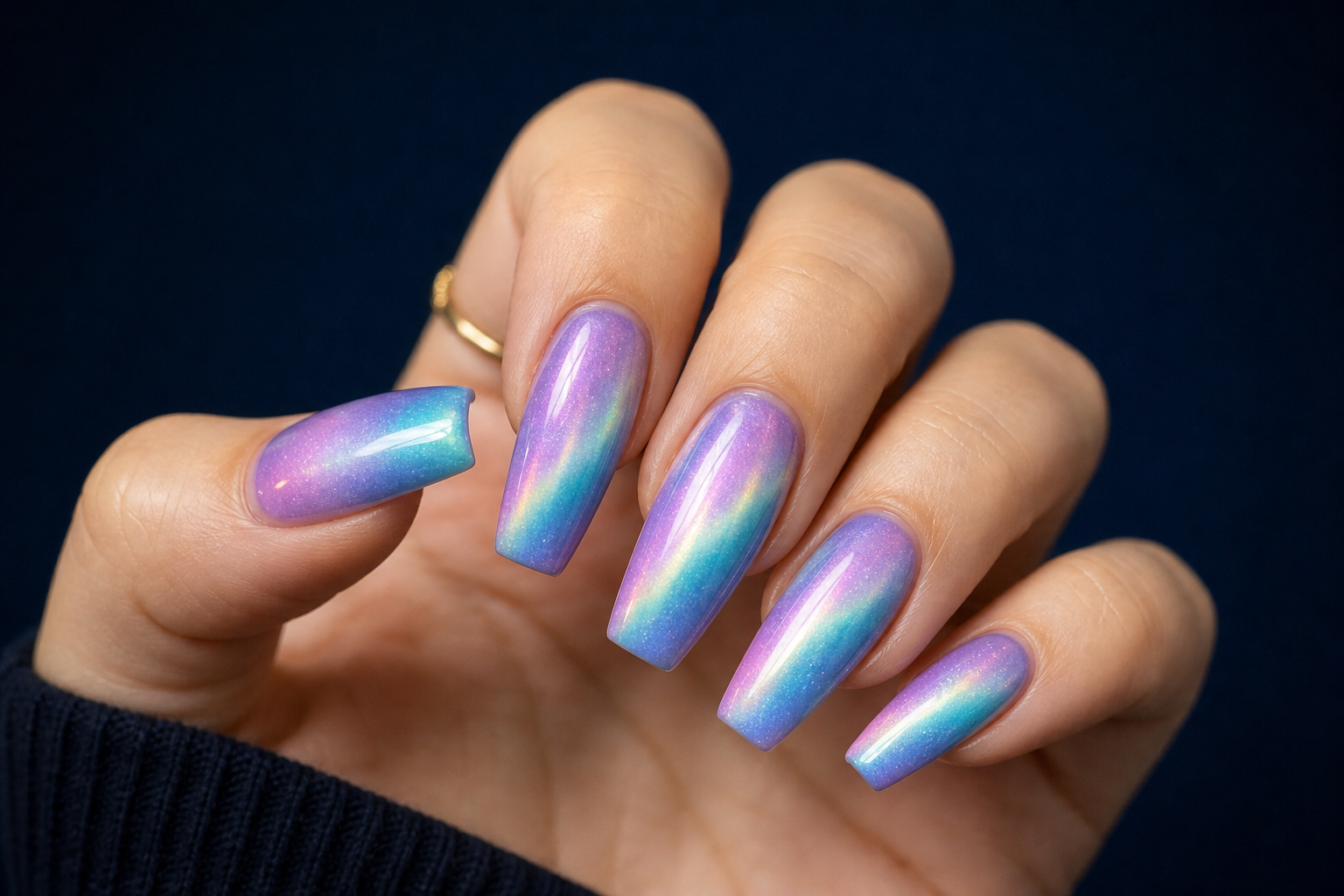 Iridescent aurora coffin nails with holo shimmer