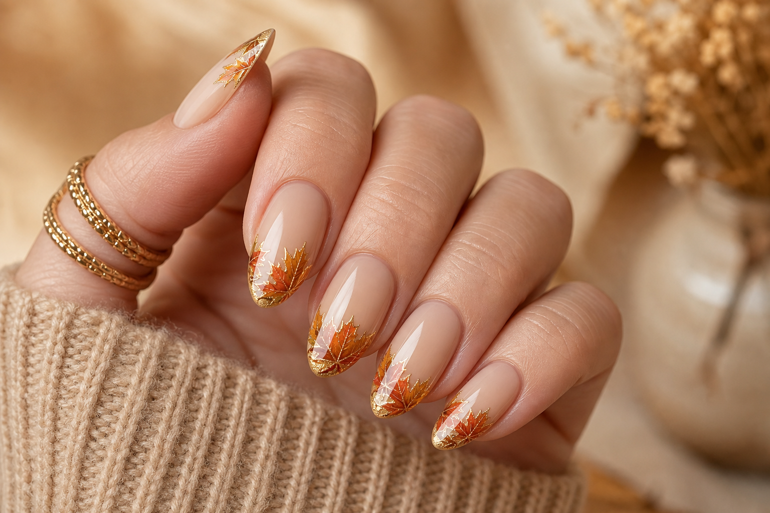 Beige almond nails with maple leaf french tips