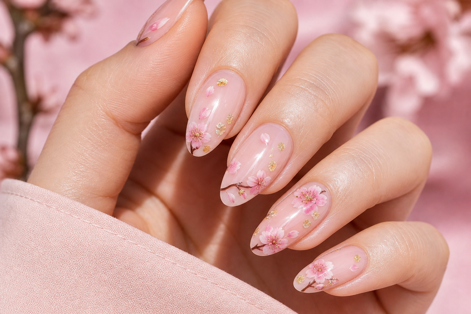 Sheer pink almond nails with cherry blossom flowers