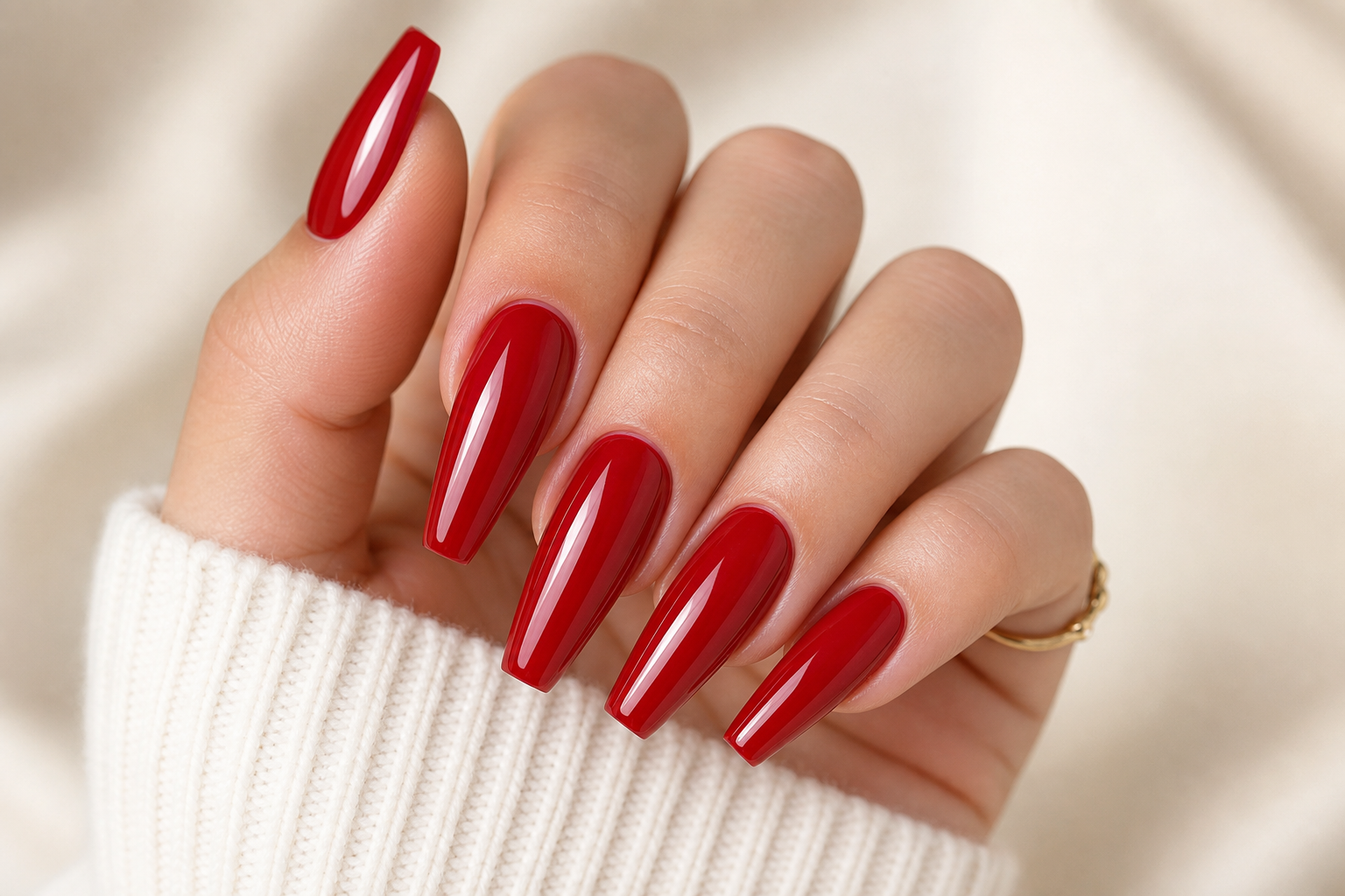 Glossy cherry red coffin nails