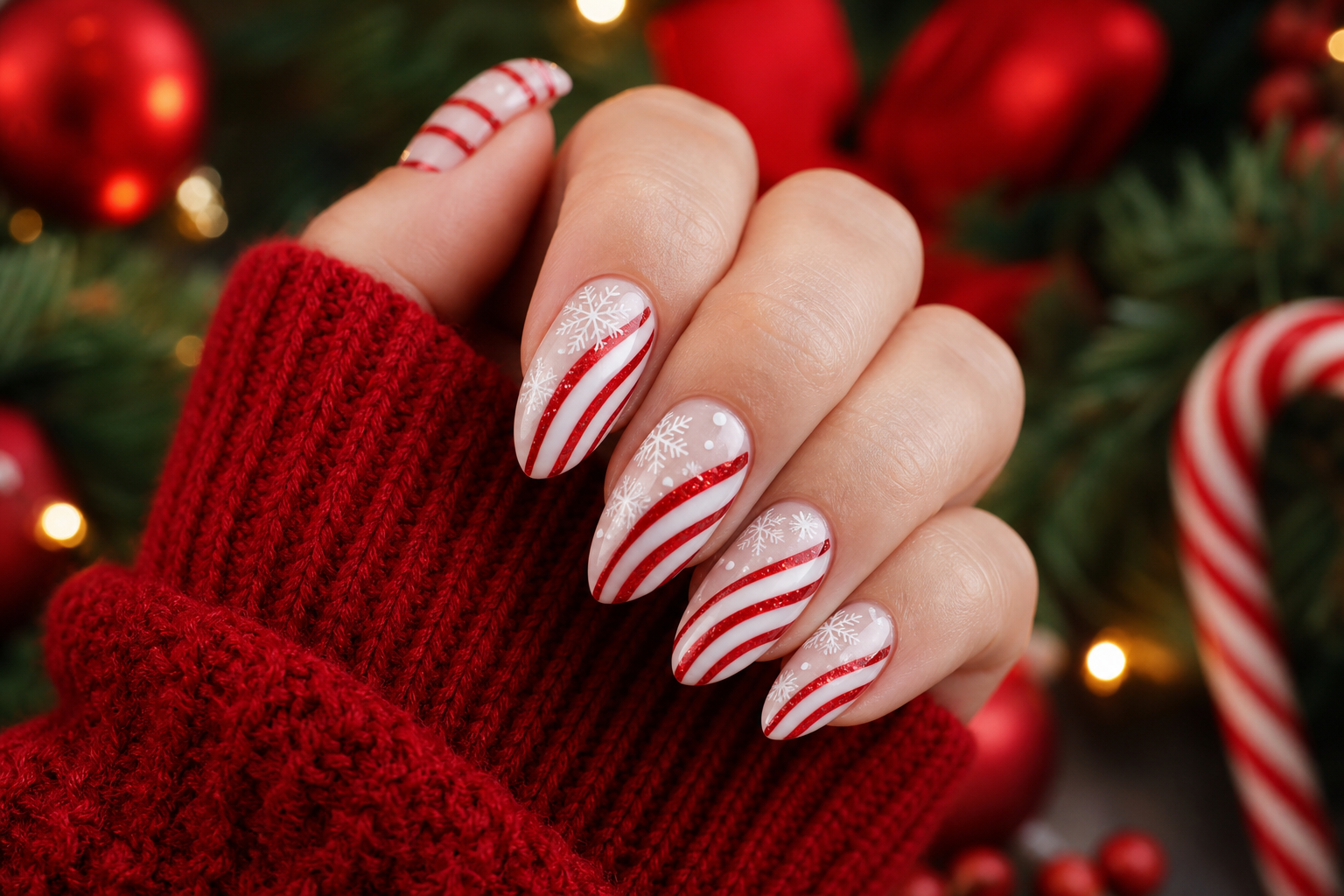 White and red candy cane stripe Christmas nails