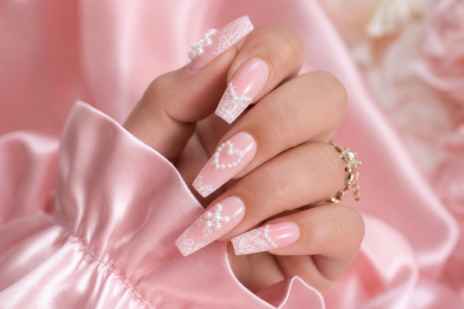 Coquette pink almond nails with pearl details