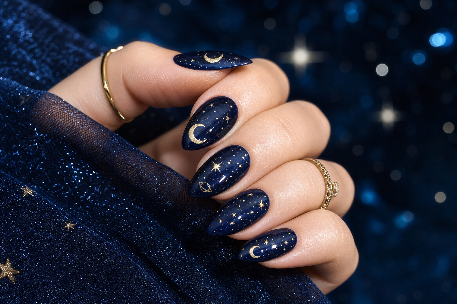 Navy almond nails with gold moons and stars