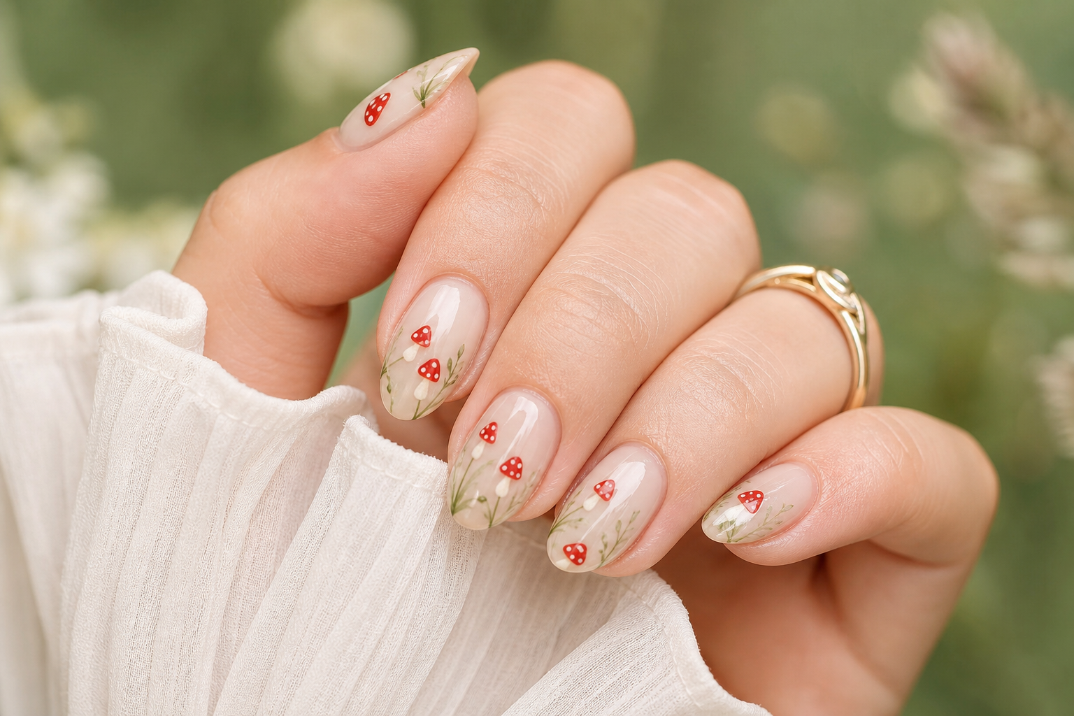 Cream almond nails with tiny red mushrooms