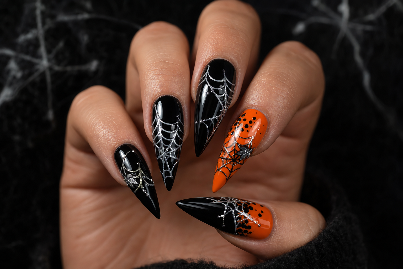Black stiletto nails with silver spider webs and orange accent