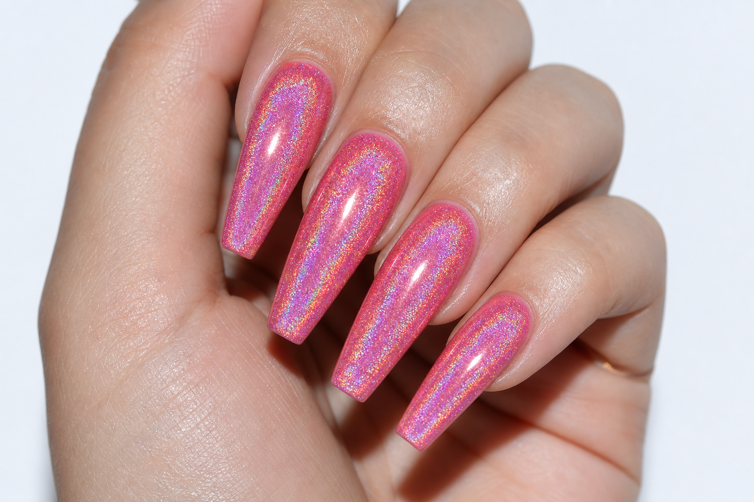 Holographic pink coffin nails with rainbow shimmer