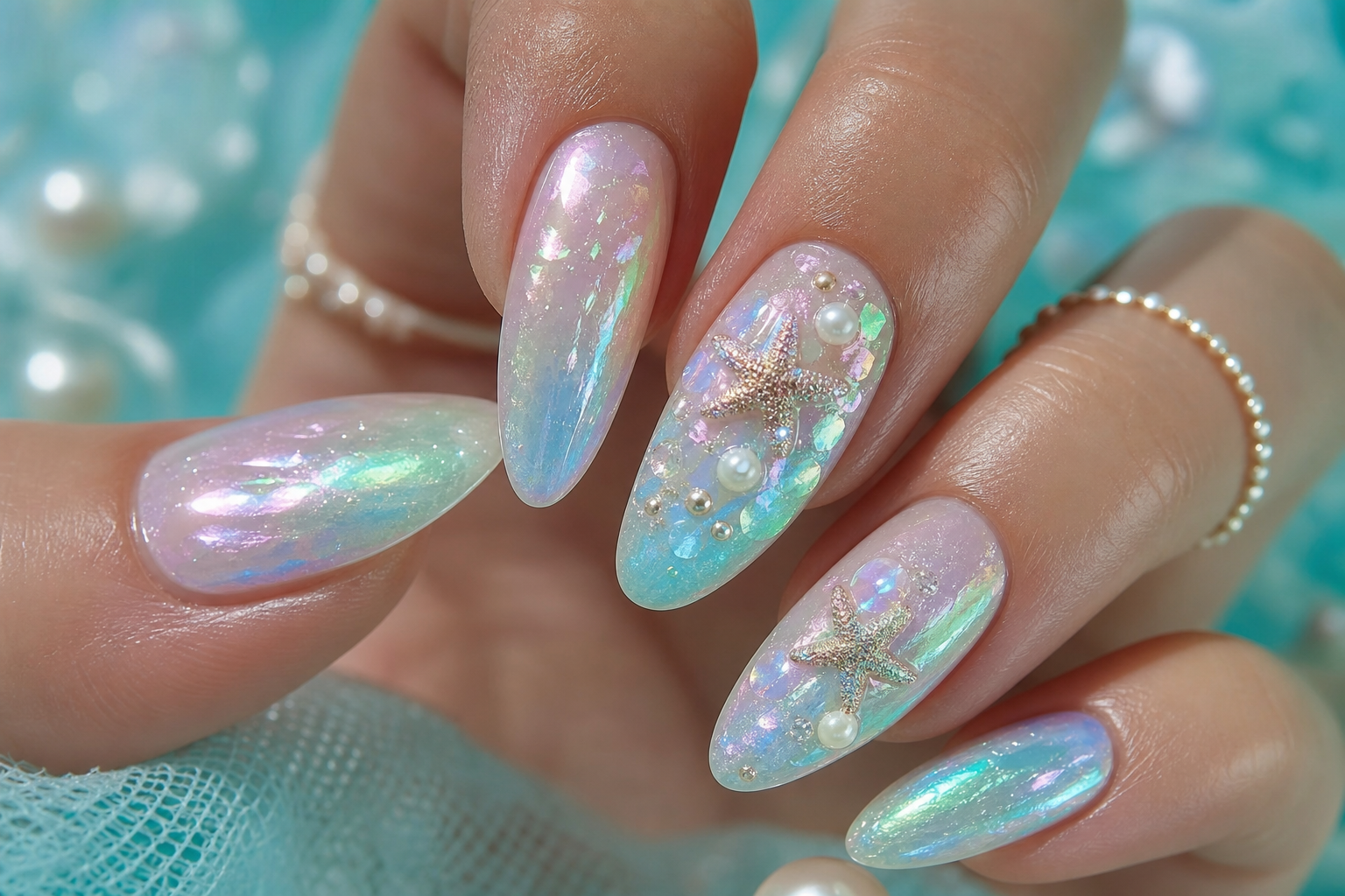 Shimmery teal mermaid almond nails