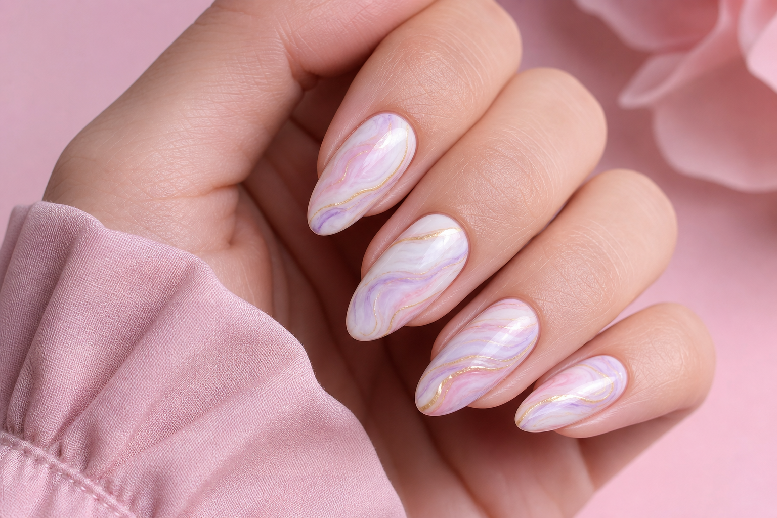 Pastel pink lavender marble swirl almond nails