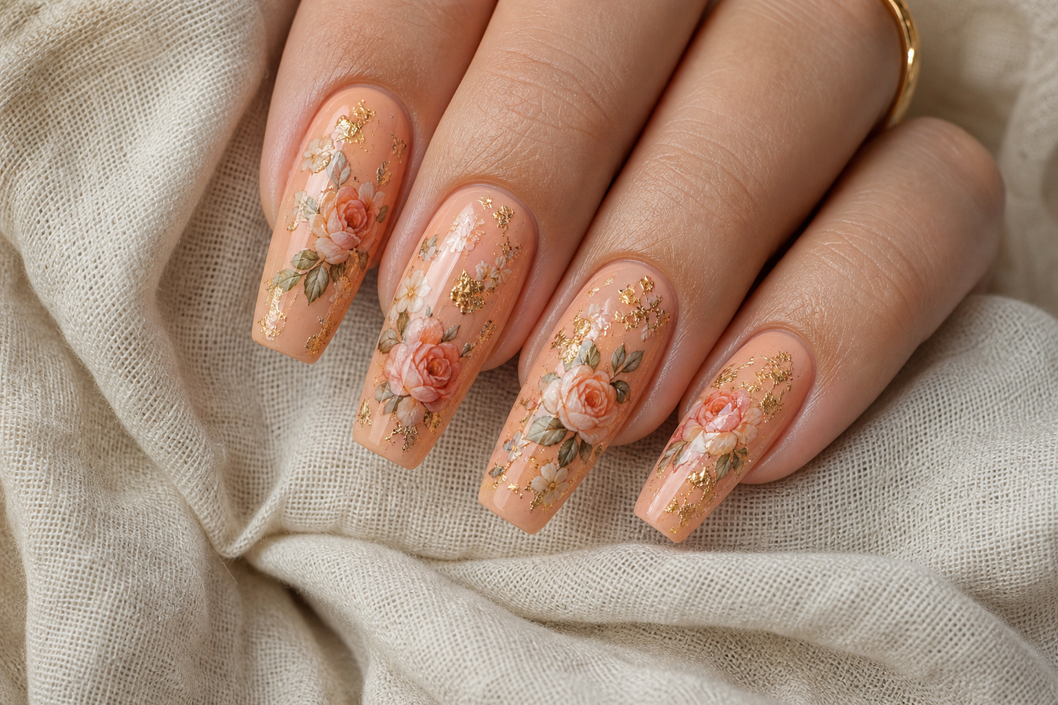 Peach almond nails with hand-painted roses