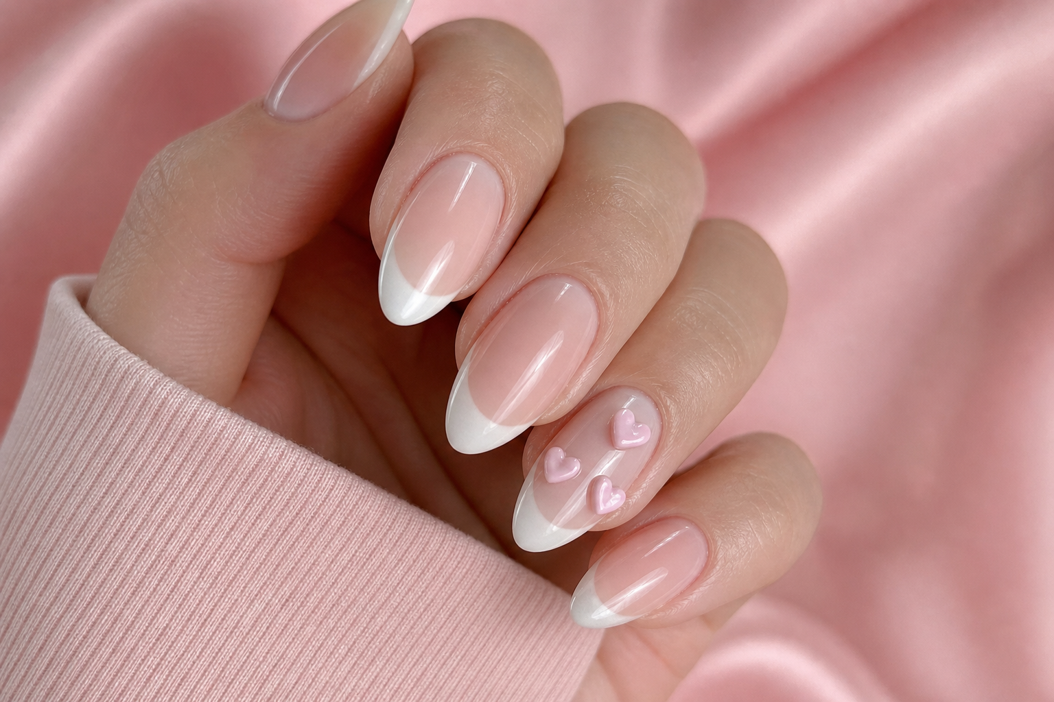 Pink almond nails with pearl heart accents