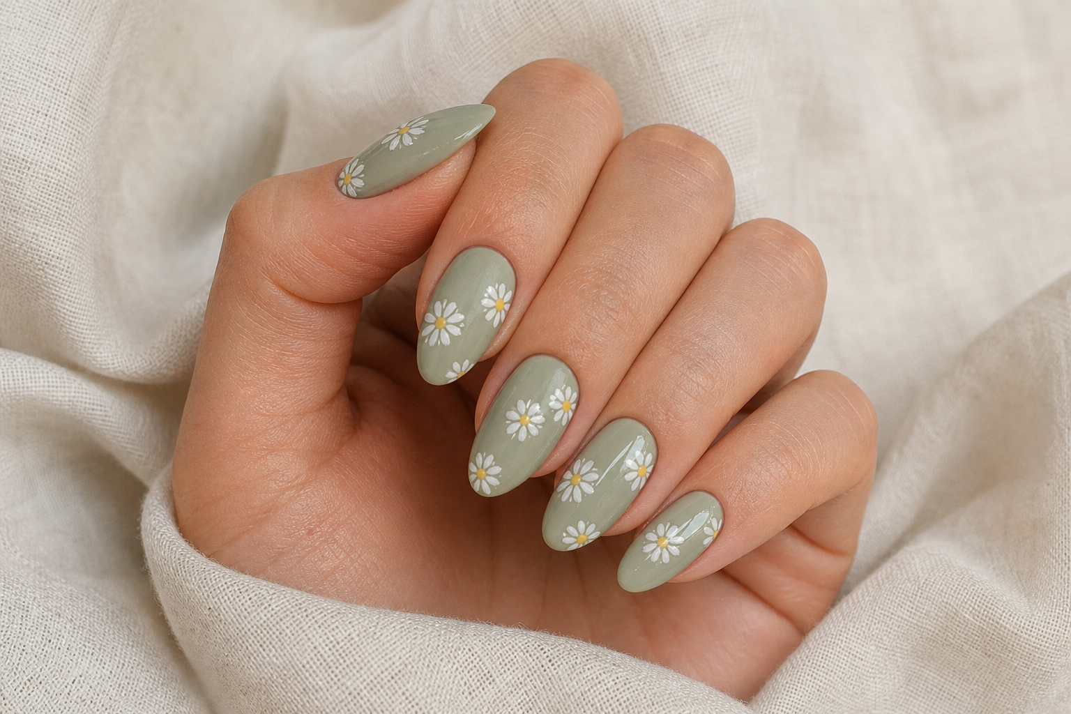 Sage green almond nails with white daisies