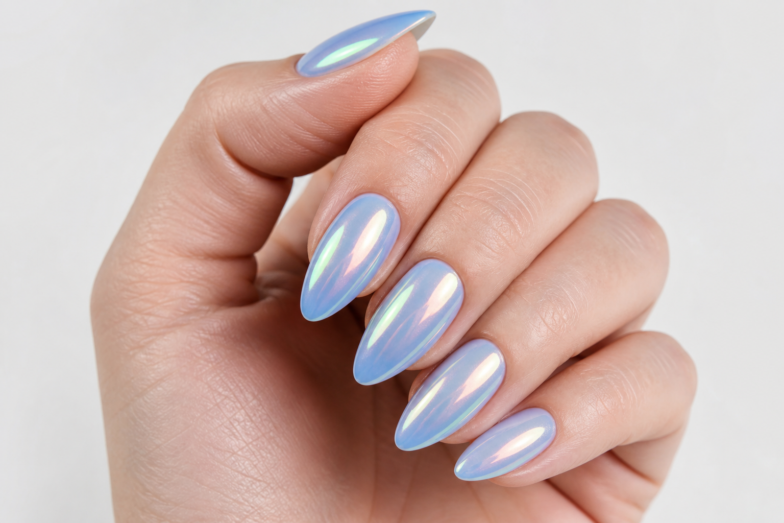 Sky blue chrome almond nails