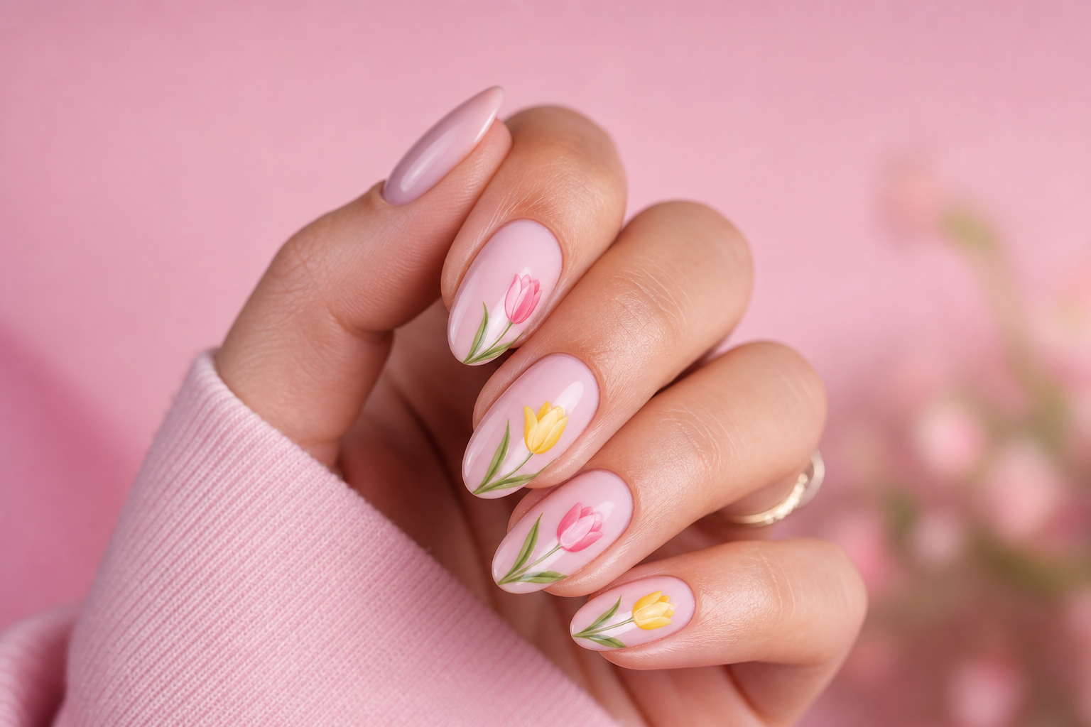 Pastel pink almond nails with tulip flowers