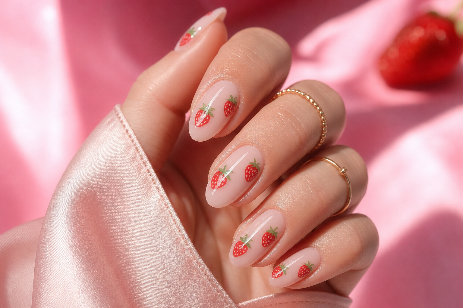 Milky pink almond nails with tiny strawberries