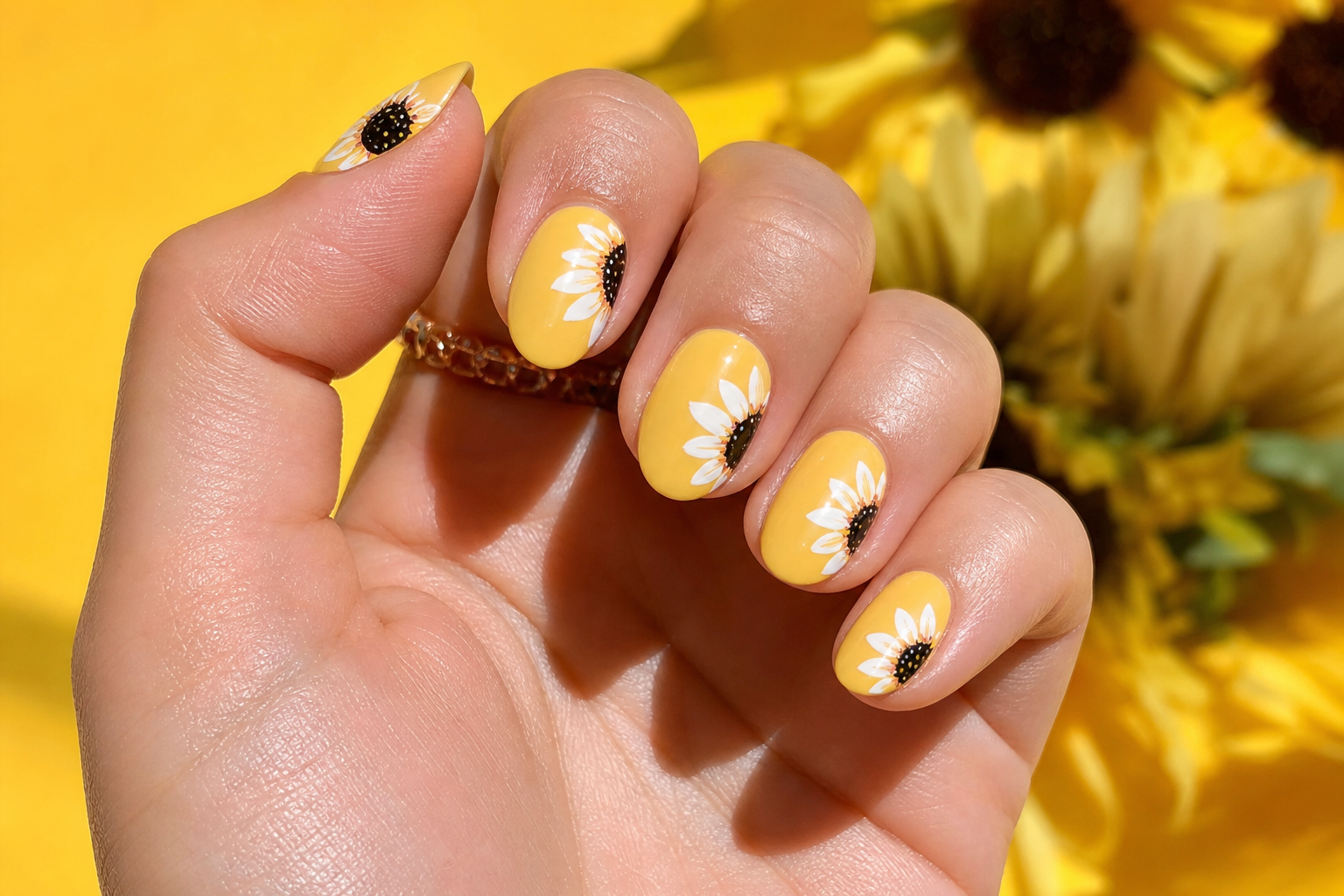 Yellow almond nails with sunflower designs