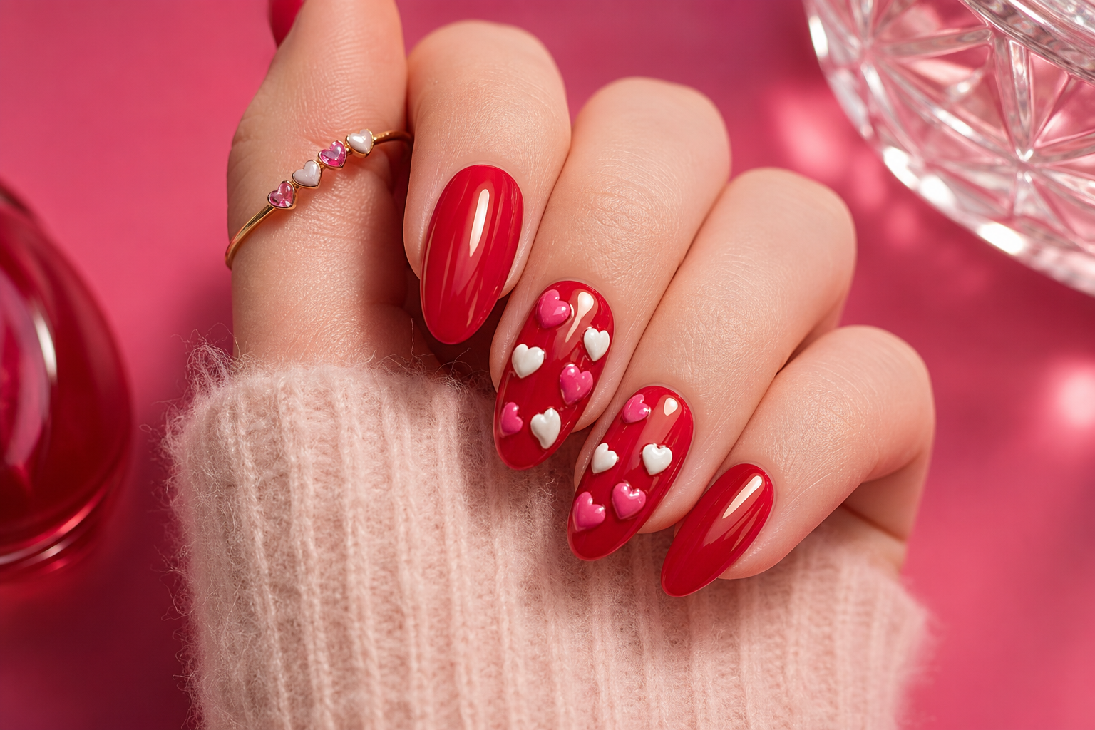 Red almond nails with 3D pink and white hearts