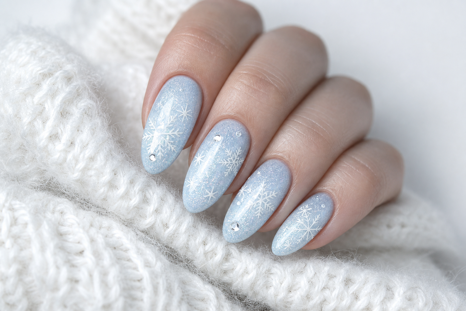 Icy blue almond nails with white snowflakes