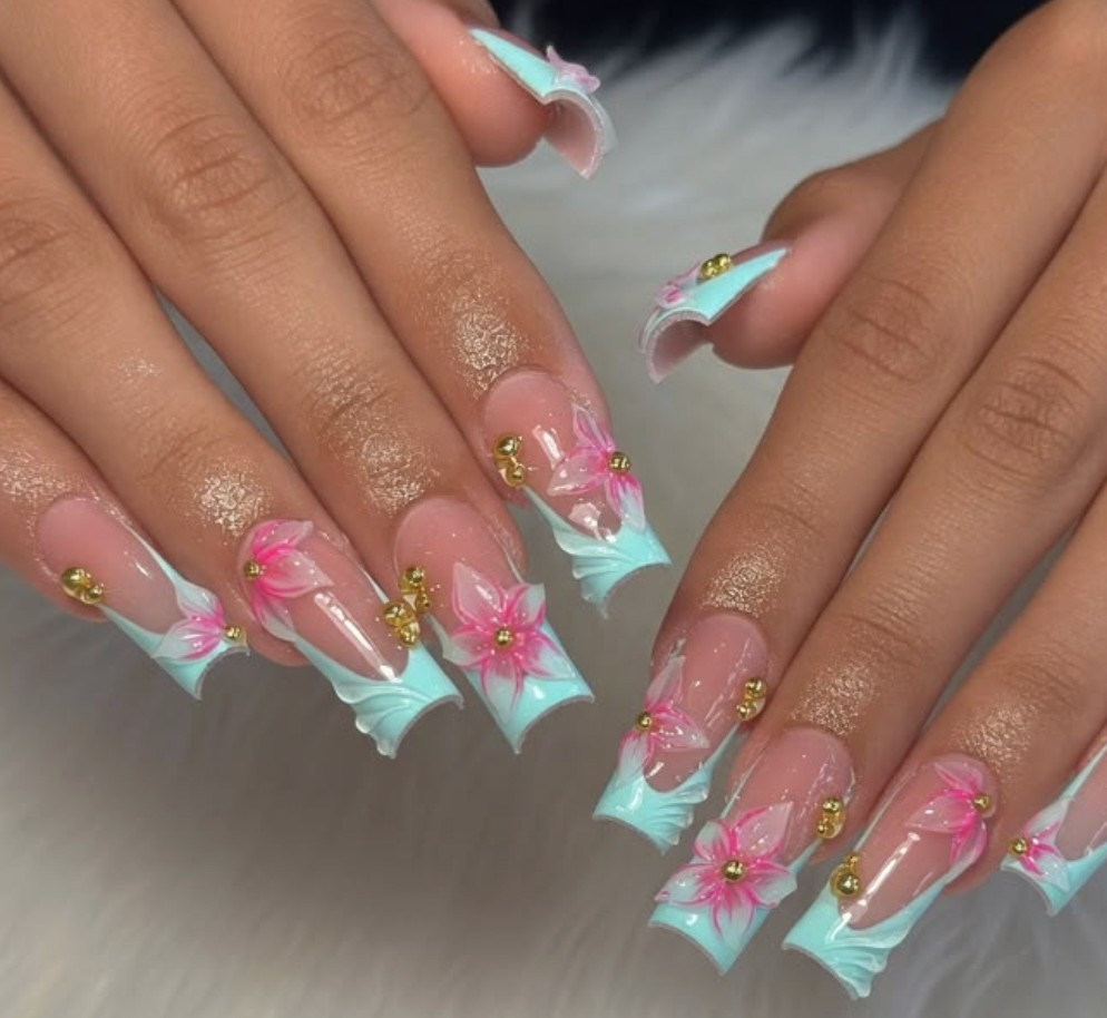 Aqua French coffin nails with pink tropical flowers