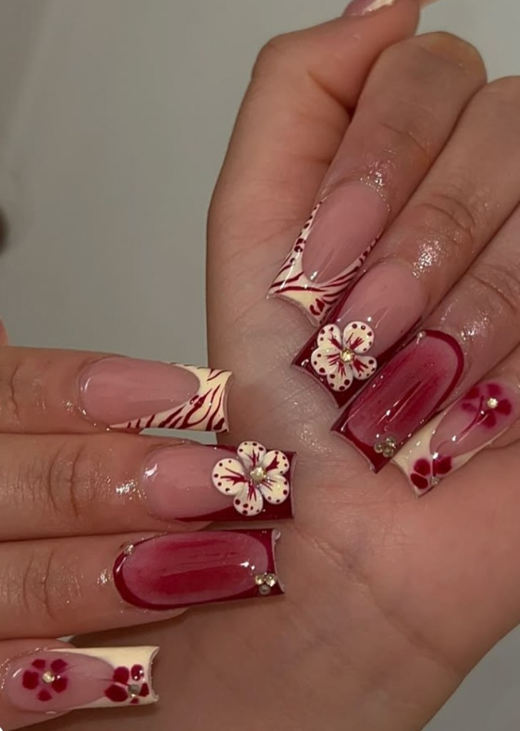 Burgundy French coffin nails with vintage poppy flowers