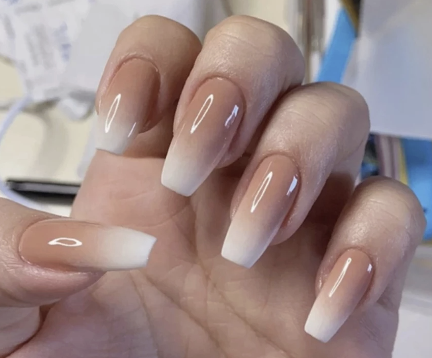 Nude peach French ombre coffin nails