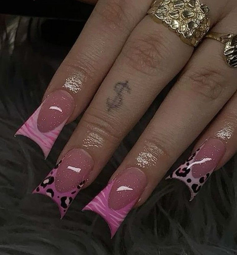Pink duck nails with leopard and zebra flared French tips