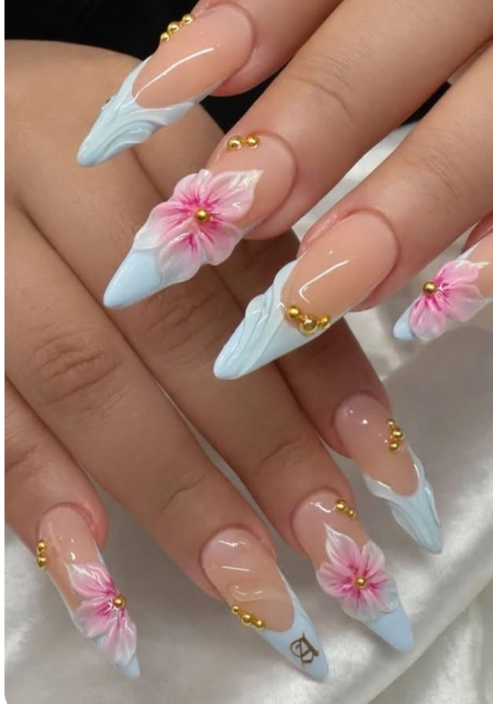 Light blue coffin nails with pink hibiscus flowers