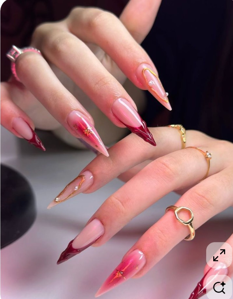 Pink cherry flame stiletto nails