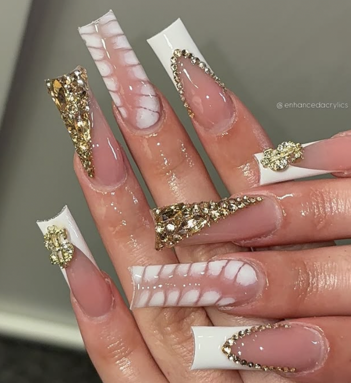 White coffin nails with gold rhinestone clusters