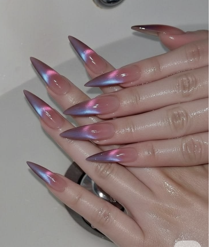 Purple and blue aura chrome stiletto nails