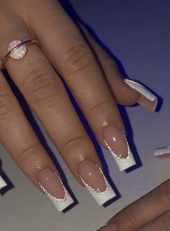 White French coffin nails with rose gold glitter