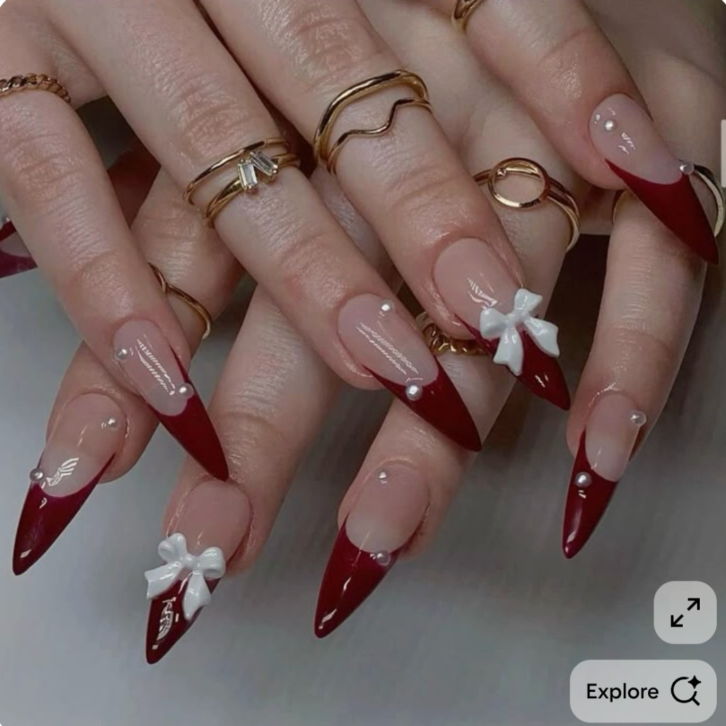 Burgundy French stiletto with white bow charms