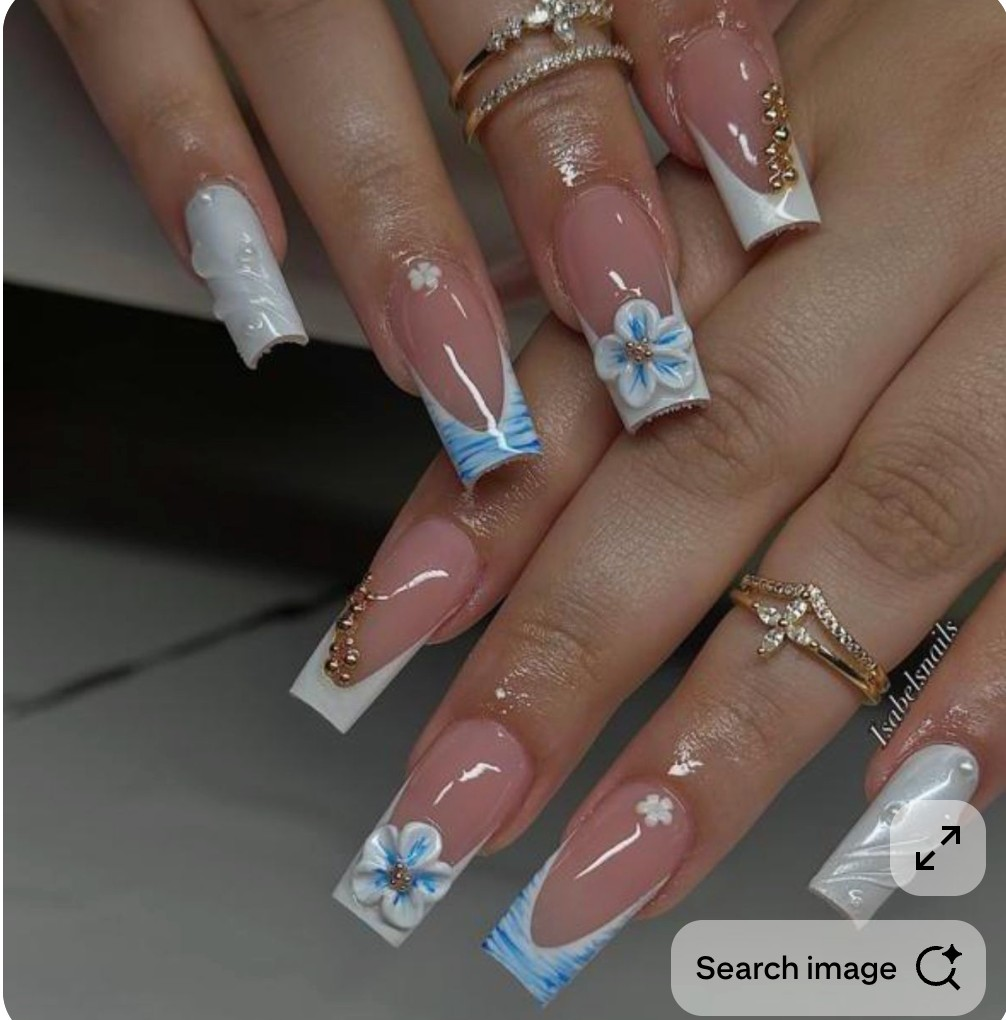 White French coffin nails with blue 3D flowers
