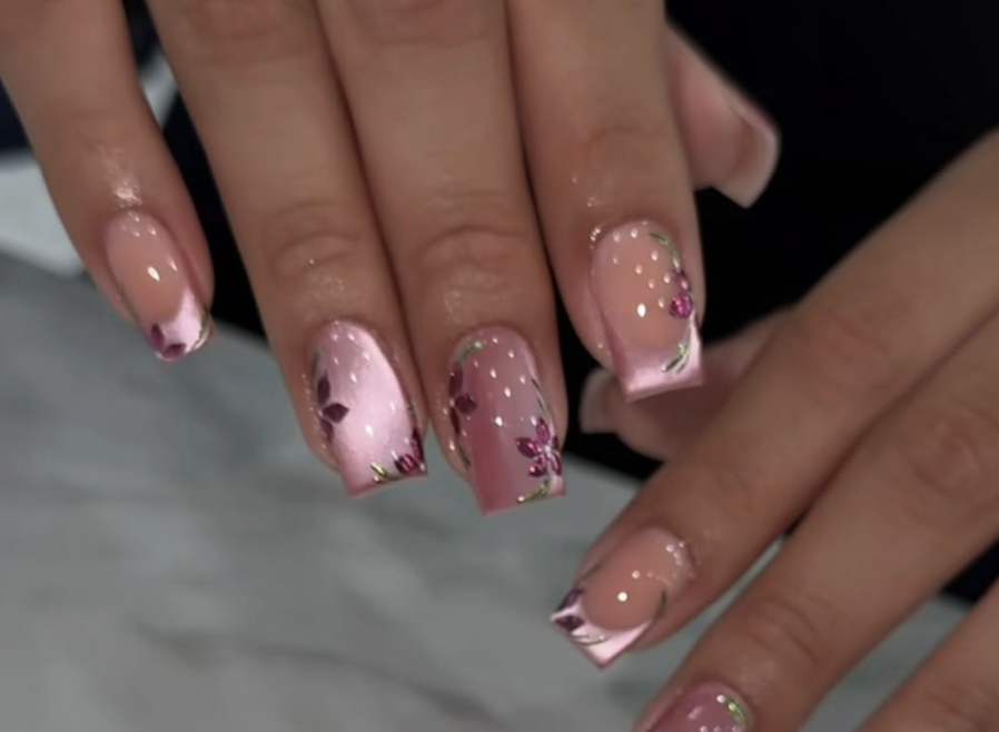 Pink coffin nails with painted plum blossom florals