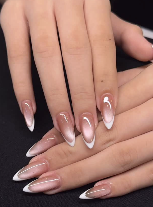 Soft pink almond nails with white ombre French tips