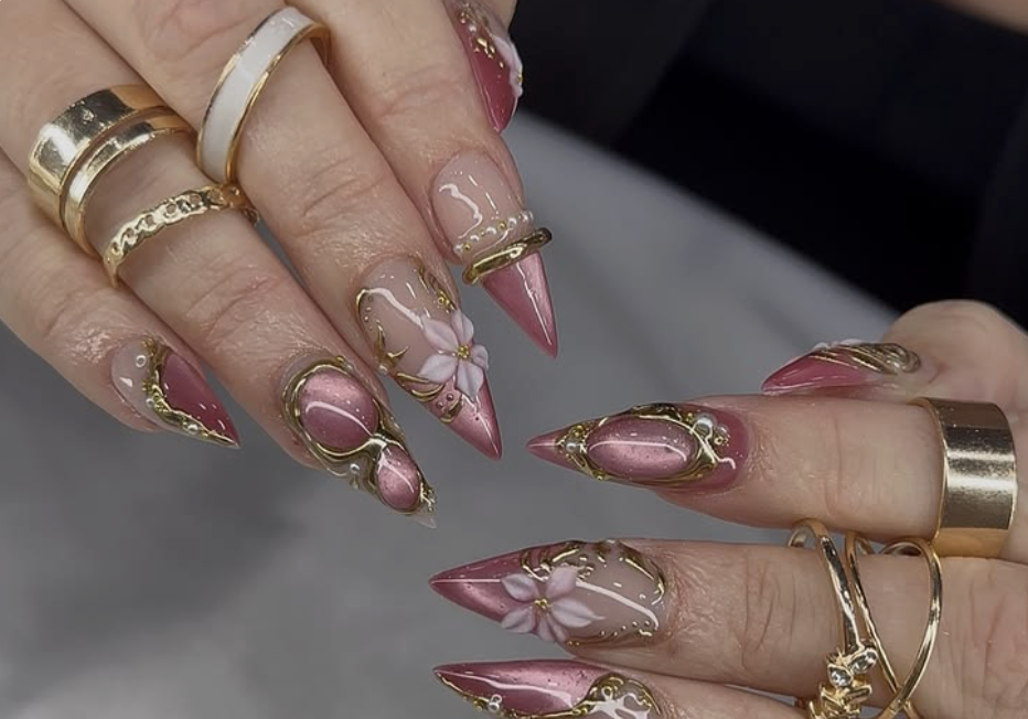 Burgundy stiletto nails with gold baroque frame and 3D flowers