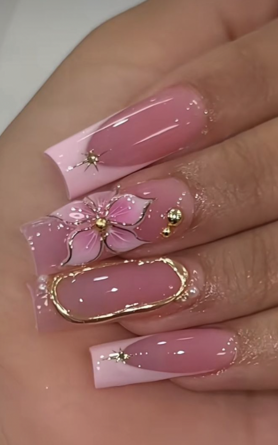 Pink coffin nails with gold flower frame and 3D flower