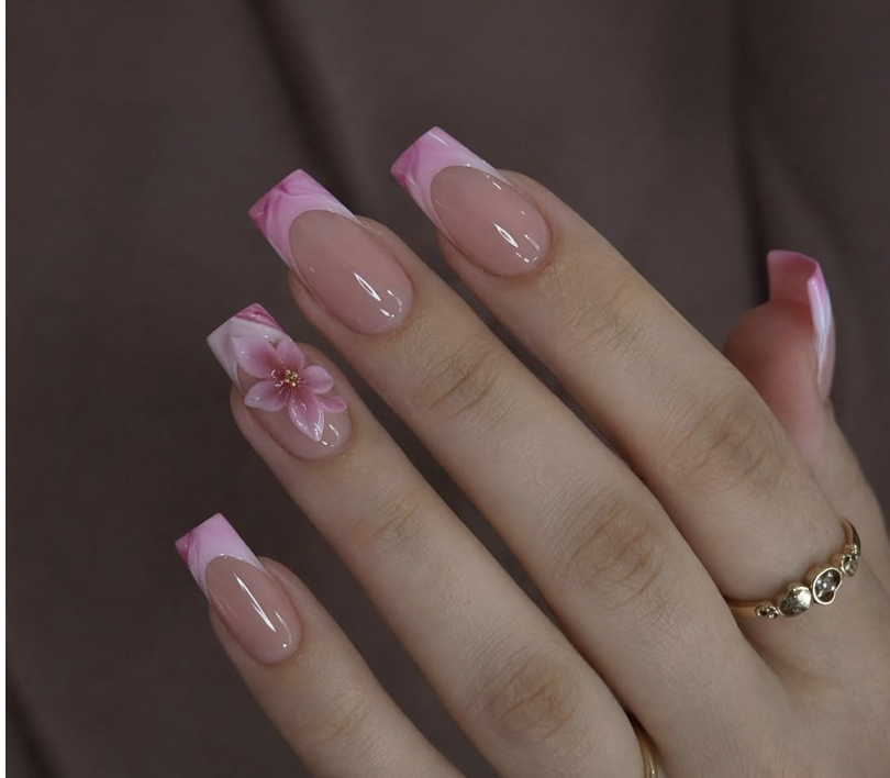 Pink marble French almond nails with 3D cherry blossom