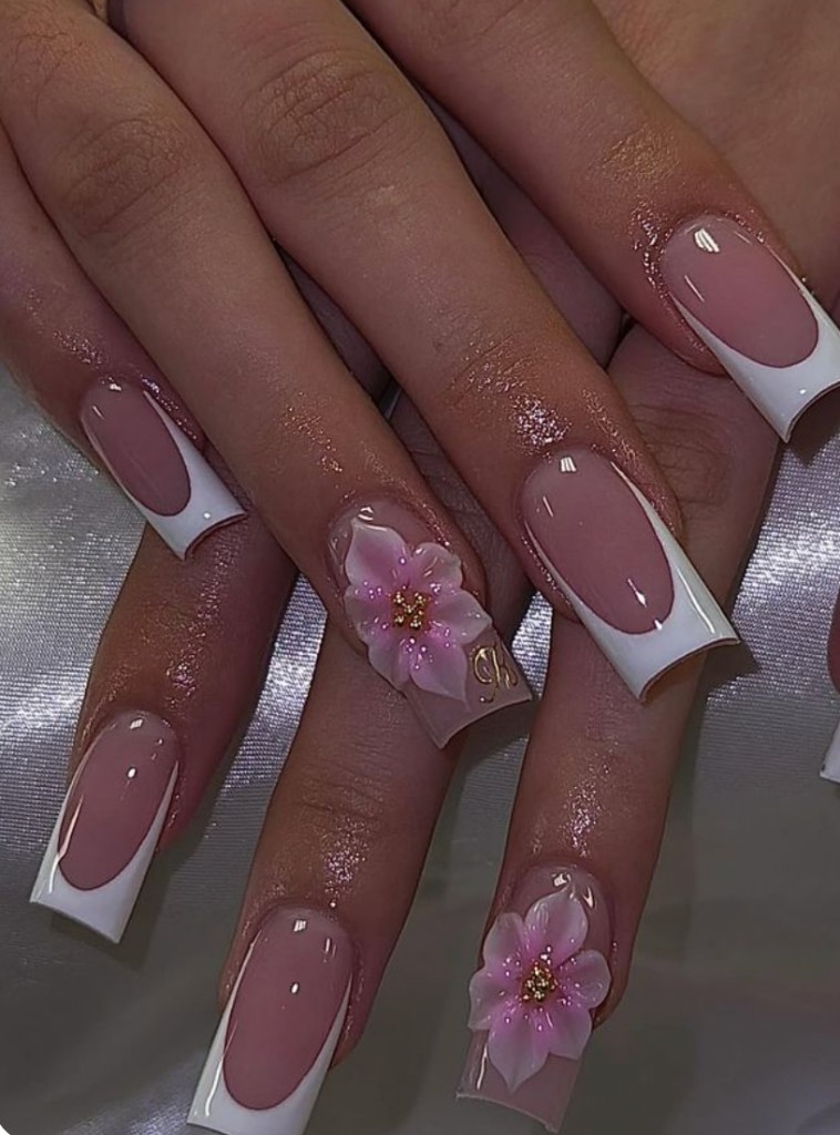 Pink and white French coffin nails with cherry blossom