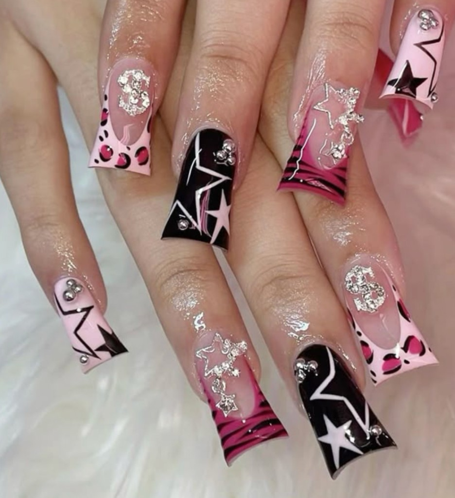 Pink and black star coffin nails with rhinestones