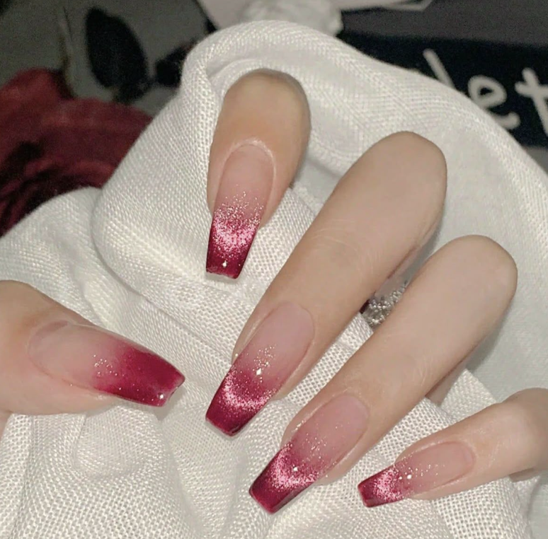 Burgundy red glitter French coffin nails