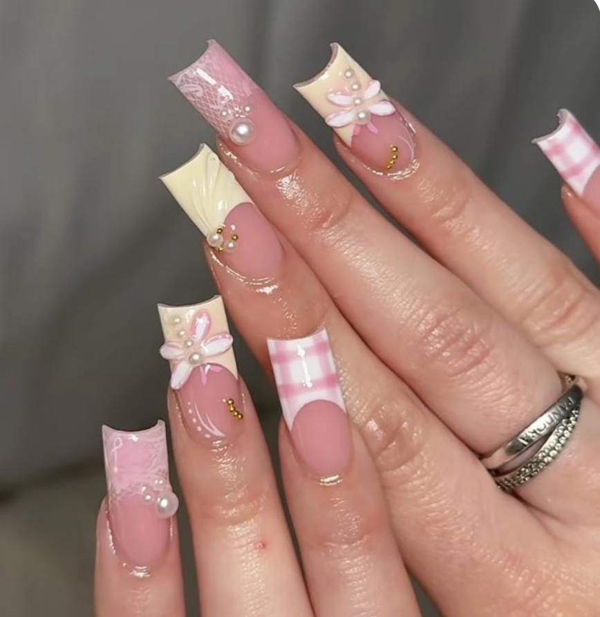 Pink coffin nails with lace, pearls, gingham and 3D flowers
