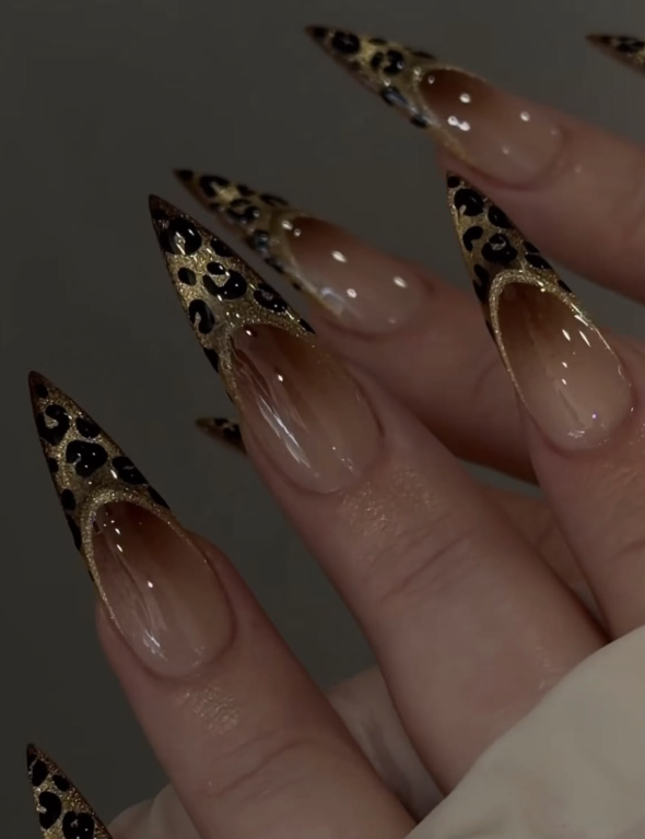 Brown ombre stiletto nails with leopard French tips