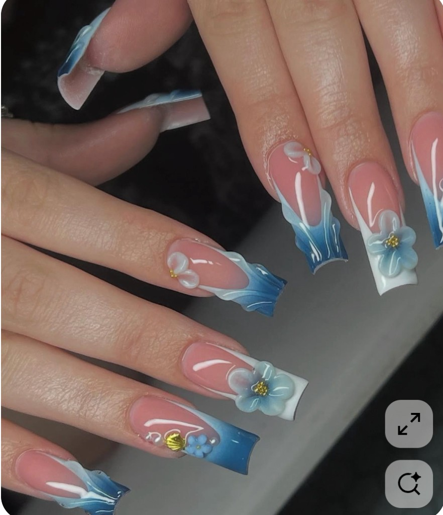 Blue French coffin nails with 3D flowers