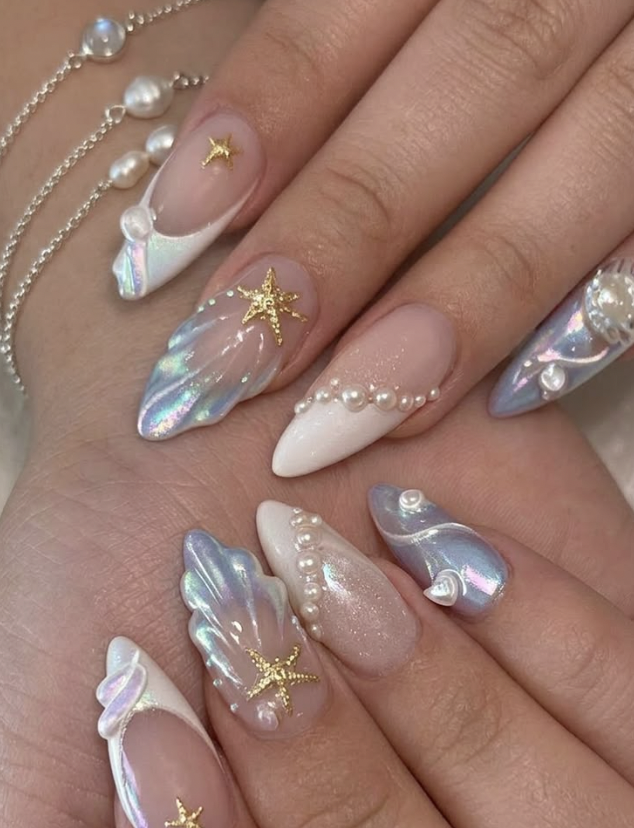 Iridescent mermaid almond nails with pearls and starfish